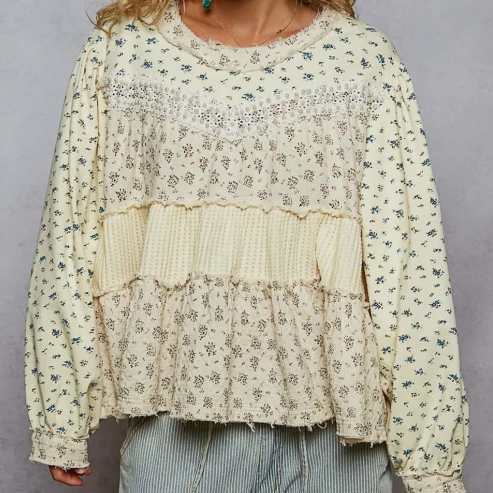 Floral Patchwork Balloon Sleeve Top